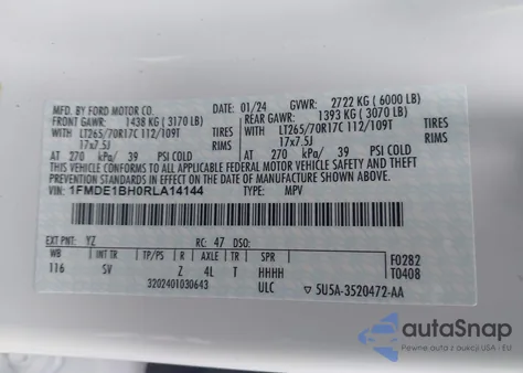 2024 Ford Bronco Black Diamond z USA, uszkodzony, nr VIN 1FMDE1BH0RLA14144